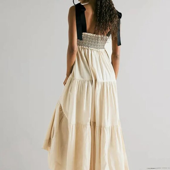 Black and Beige Contrast Sleeveless Tiered Hem Flowy Maxi Dress (sz L) - Picture 4 of 6